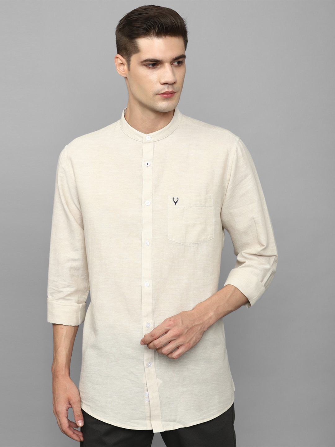 

Allen Solly Slim Fit Band Collar Cotton Linen Casual Shirt, Cream