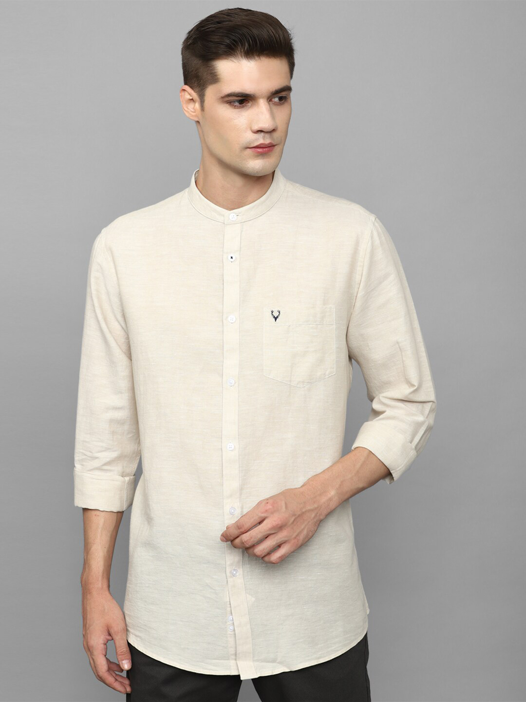 

Allen Solly Slim Fit Mandarin Collar Cotton Linen Casual Shirt, Cream
