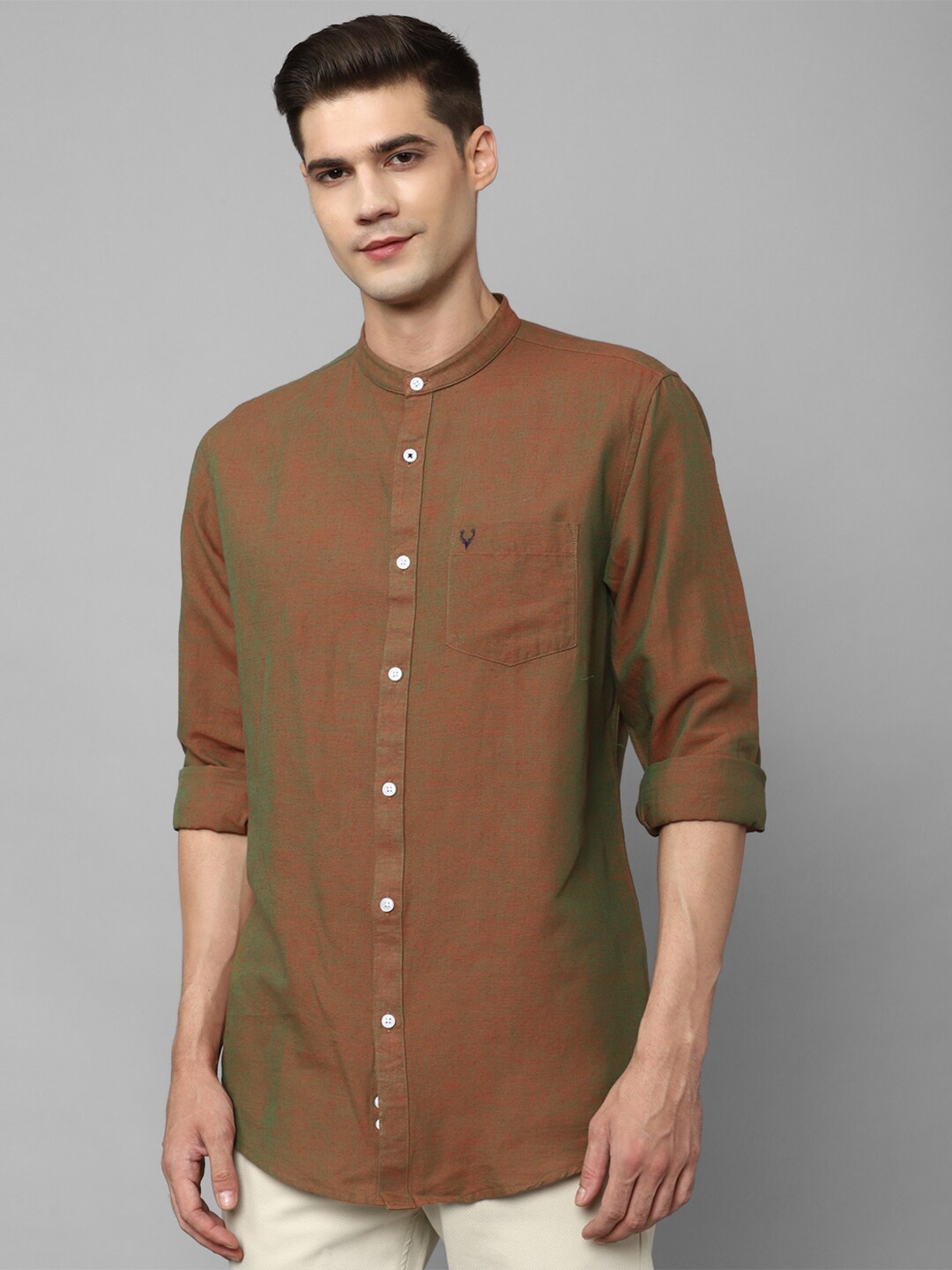 

Allen Solly Men Mandarin Collar Slim Fit Cotton Linen Casual Shirt, Olive