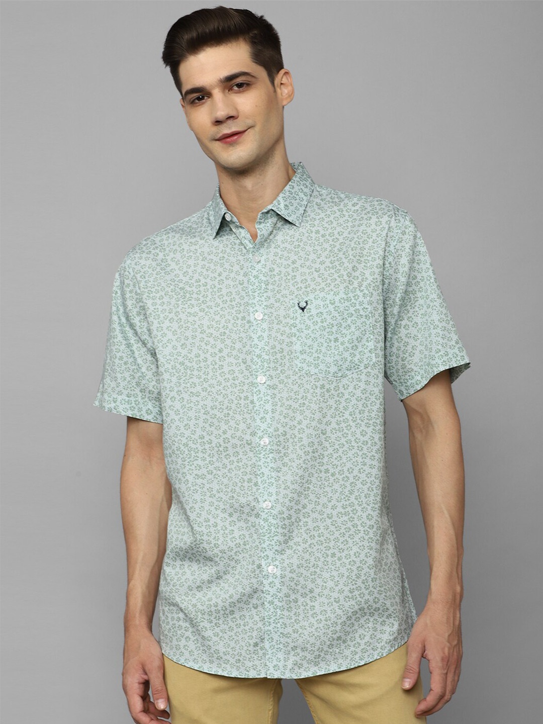 

Allen Solly Short Sleeves Slim Fit Floral Printed Casual Pure Cotton Shirt, Green