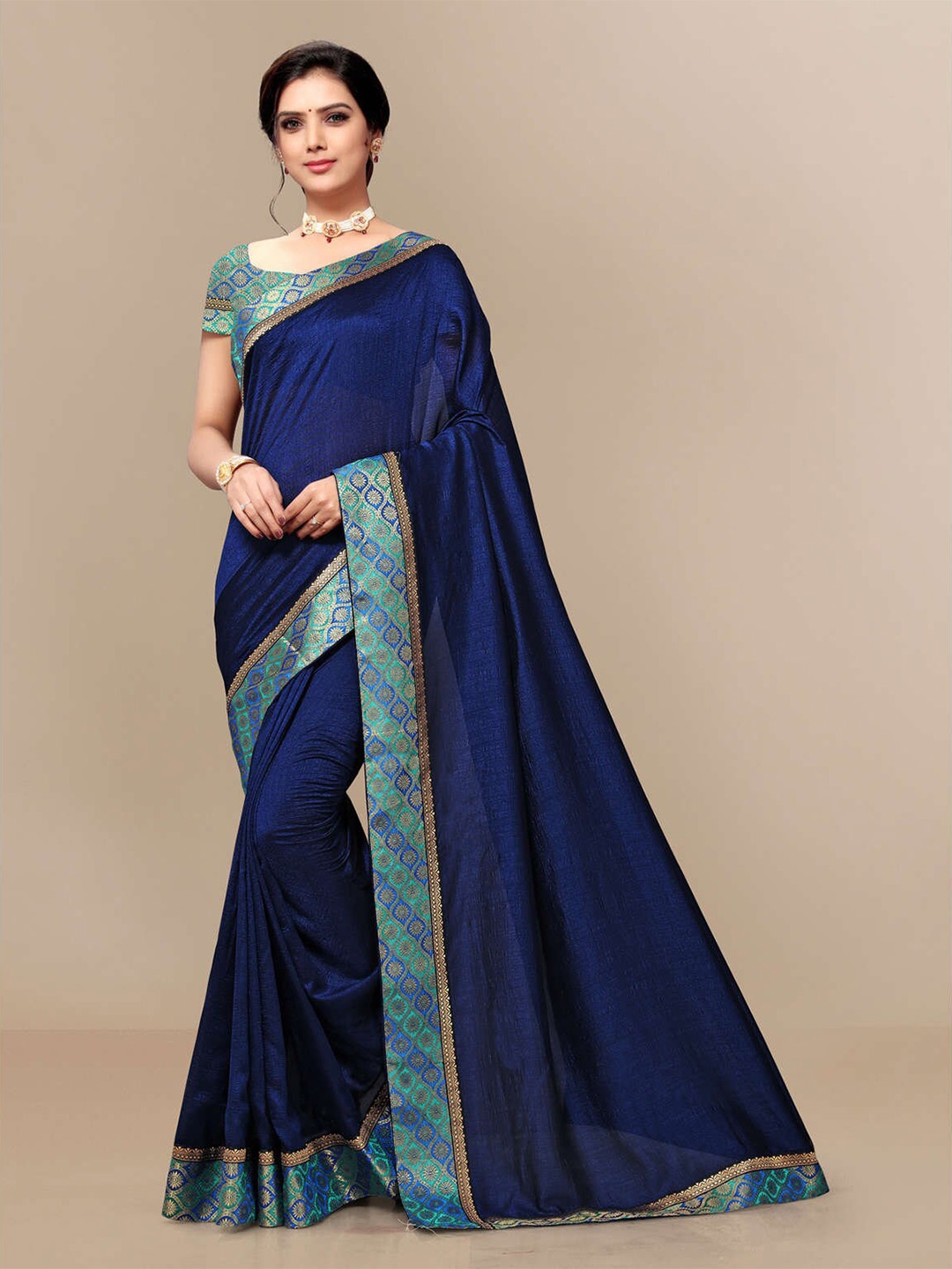 

KALINI Zari Silk Blend Saree, Navy blue