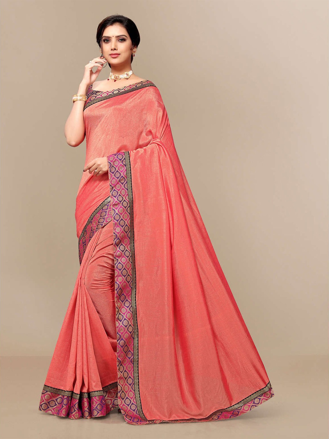 

KALINI Woven Design Border Zari Silk Blend Saree, Peach