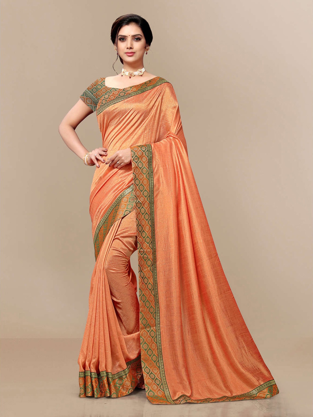 

KALINI Woven Design Border Zari Silk Blend Saree, Orange