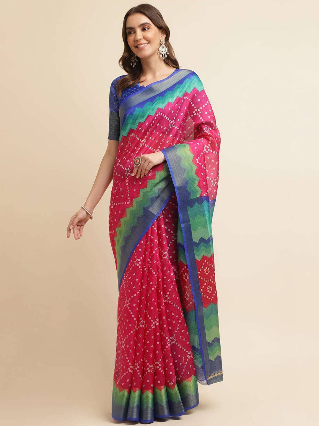 

KALINI Bandhani Printed Zari Pure Cotton Saree, Pink