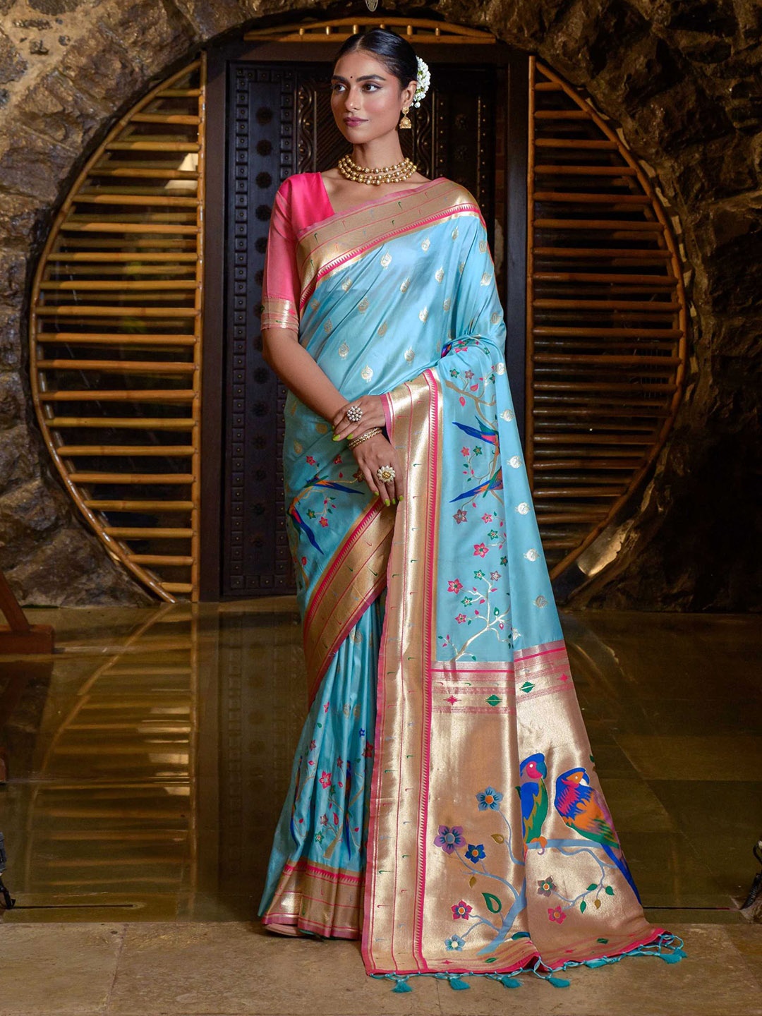 

Mitera Blue & Magenta Woven Design Zari Paithani Saree