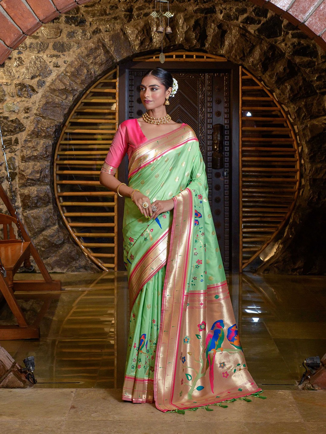 

Mitera Woven Design Zari Paithani Saree, Green