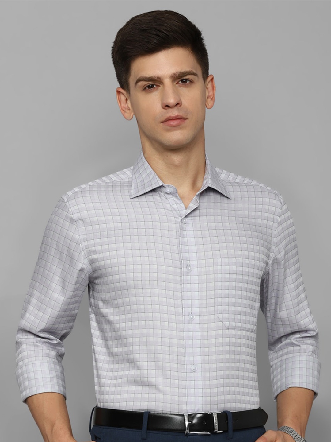 

Louis Philippe Slim Fit Grid Tattersall Checked Pure Cotton Formal Shirt, Grey