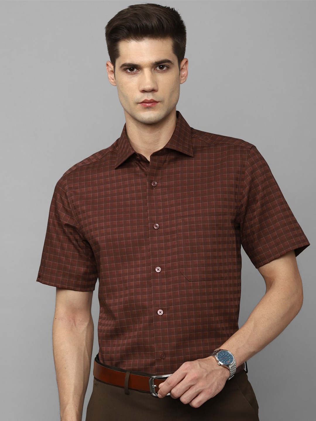 

Louis Philippe Checked Slim Fit Formal Pure Cotton Shirt, Brown