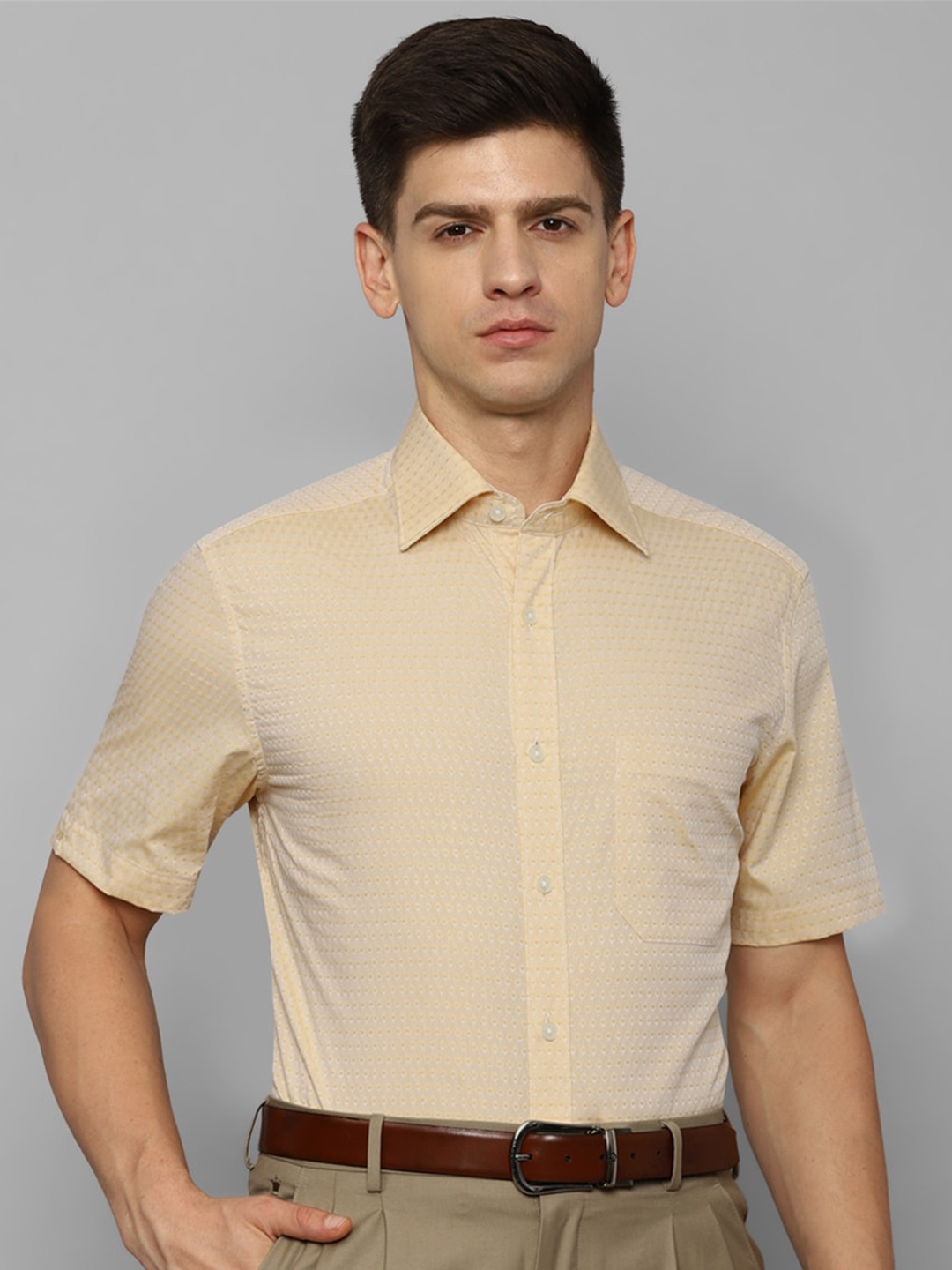 

Louis Philippe Slim Fit Grid Micro Ditsy Printed Pure Cotton Formal Shirt, Yellow