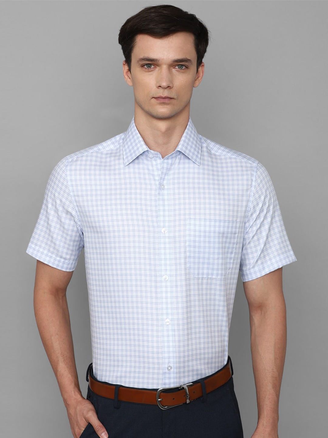 

Louis Philippe Slim Fit Grid Tattersall Checks Pure Cotton Formal Shirt, Blue
