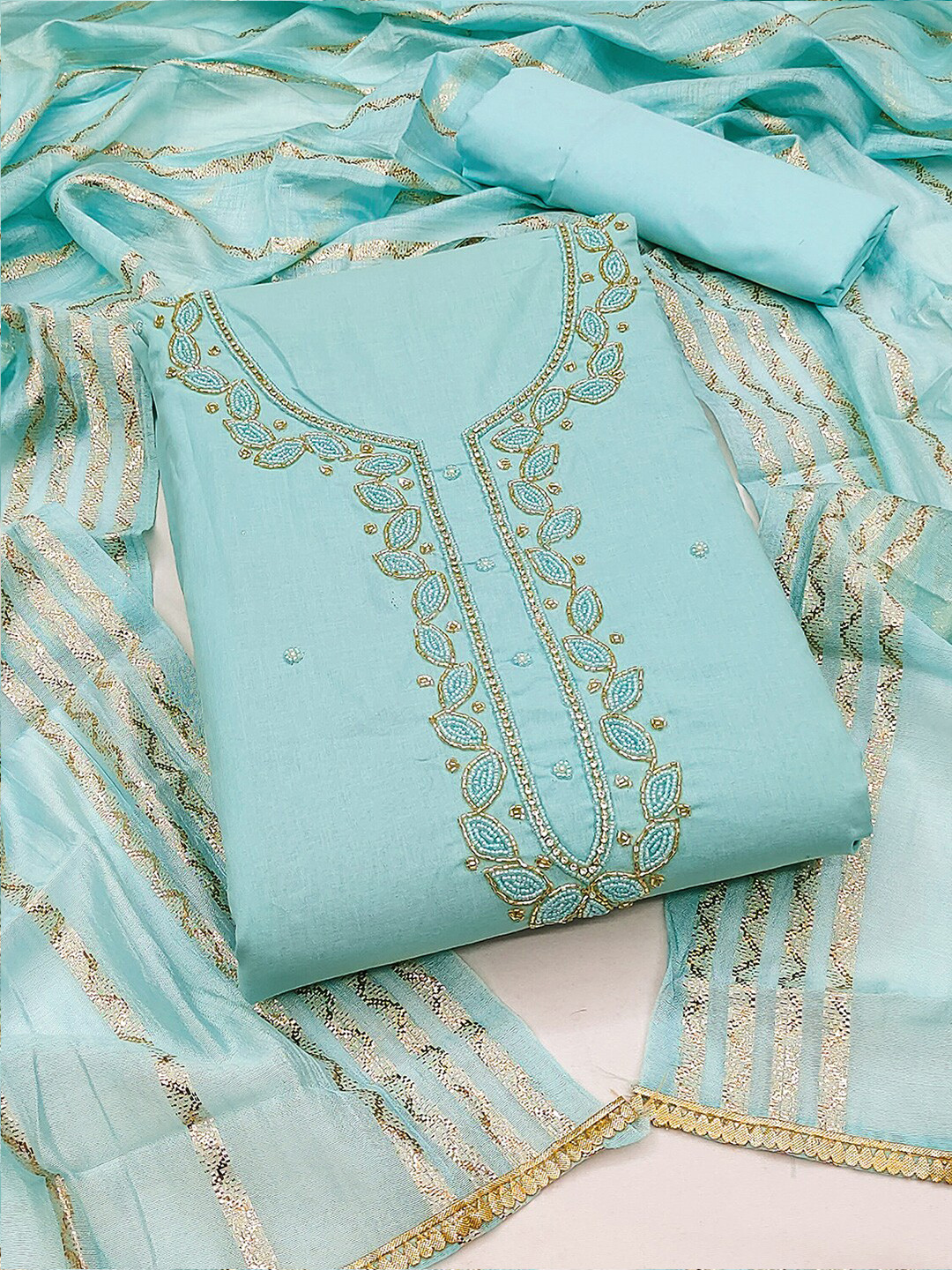 

KALINI Embroidered Beaded Unstitched Dress Material, Turquoise blue