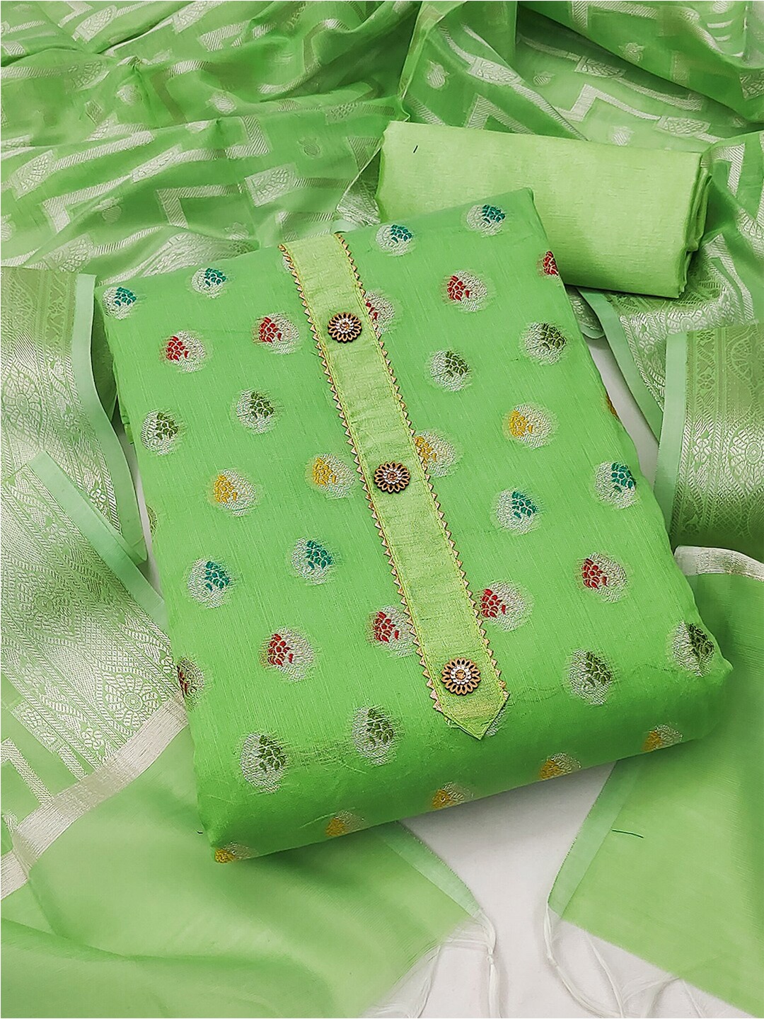 

KALINI Woven Design Unstitched Dress Material, Green