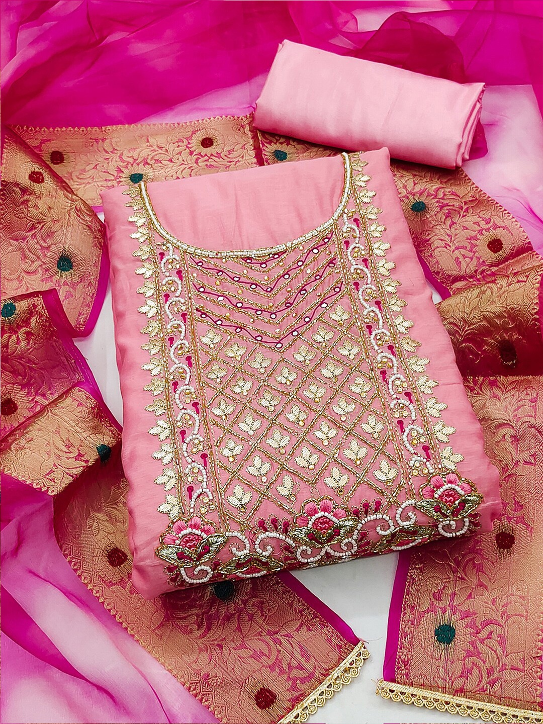 

KALINI Embroidered Unstitched Dress Material, Pink