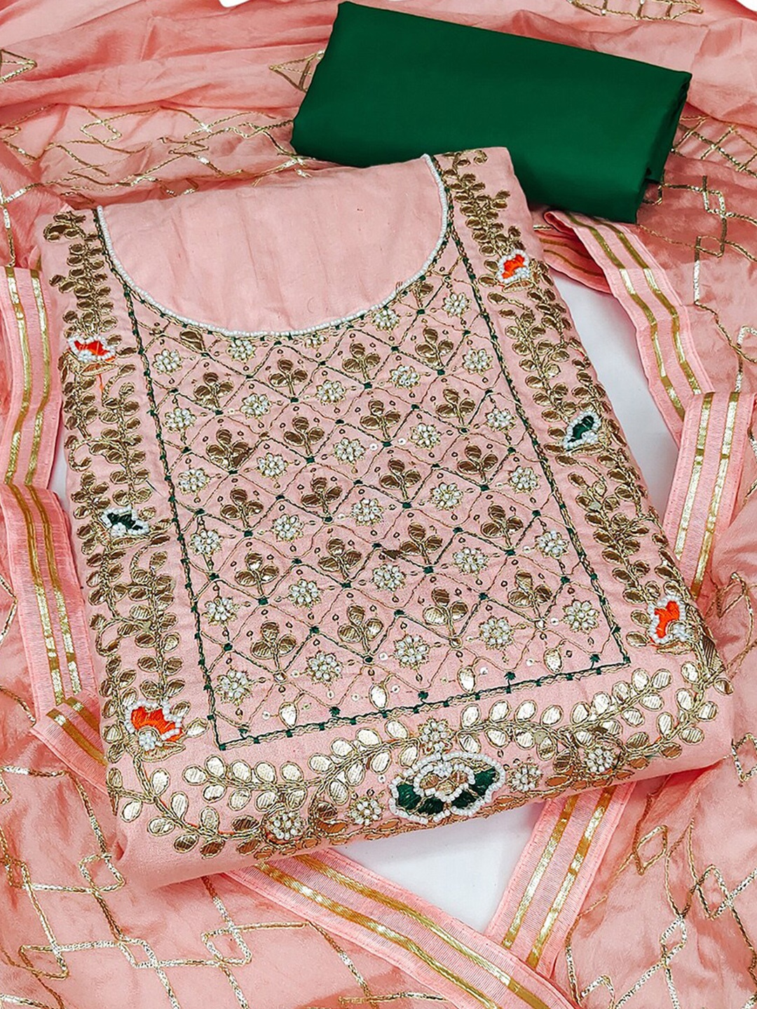 

KALINI Embroidered Unstitched Dress Material, Peach