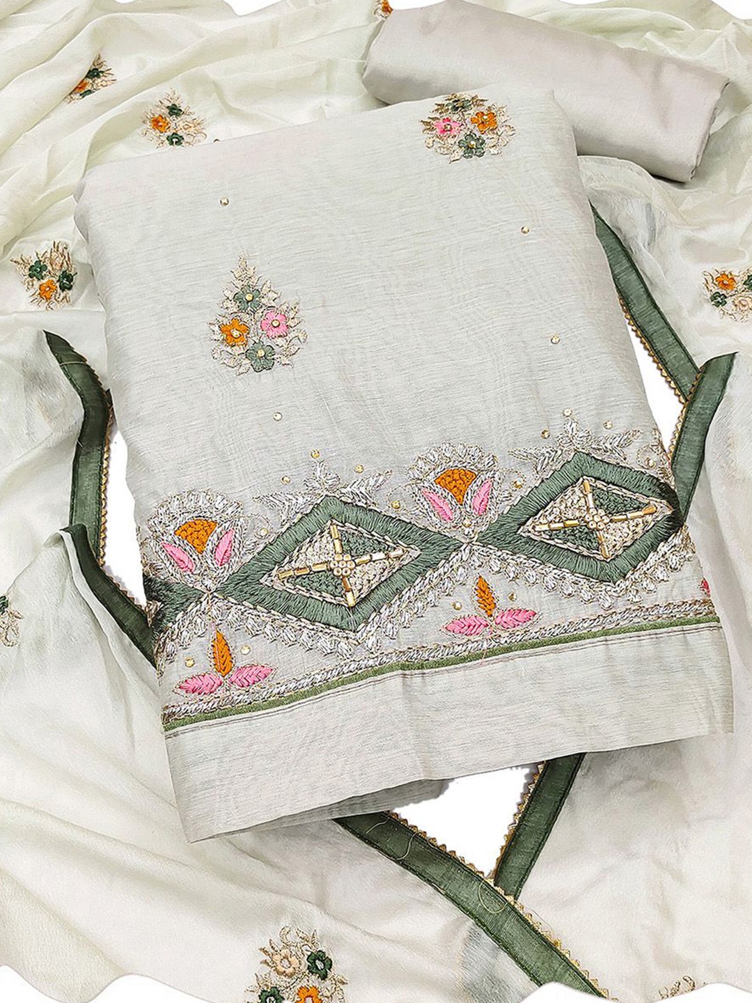 

KALINI Floral Embellished Unstitched Dress Material, Grey
