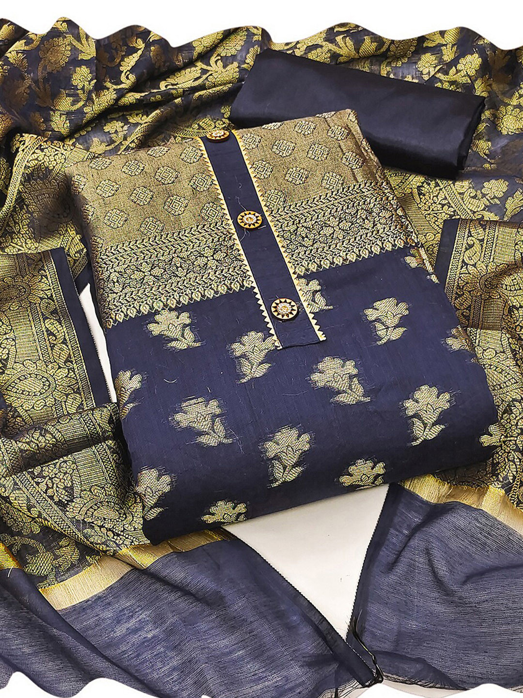 

KALINI Ethnic Motifs Printed Unstitched Dress Material, Navy blue