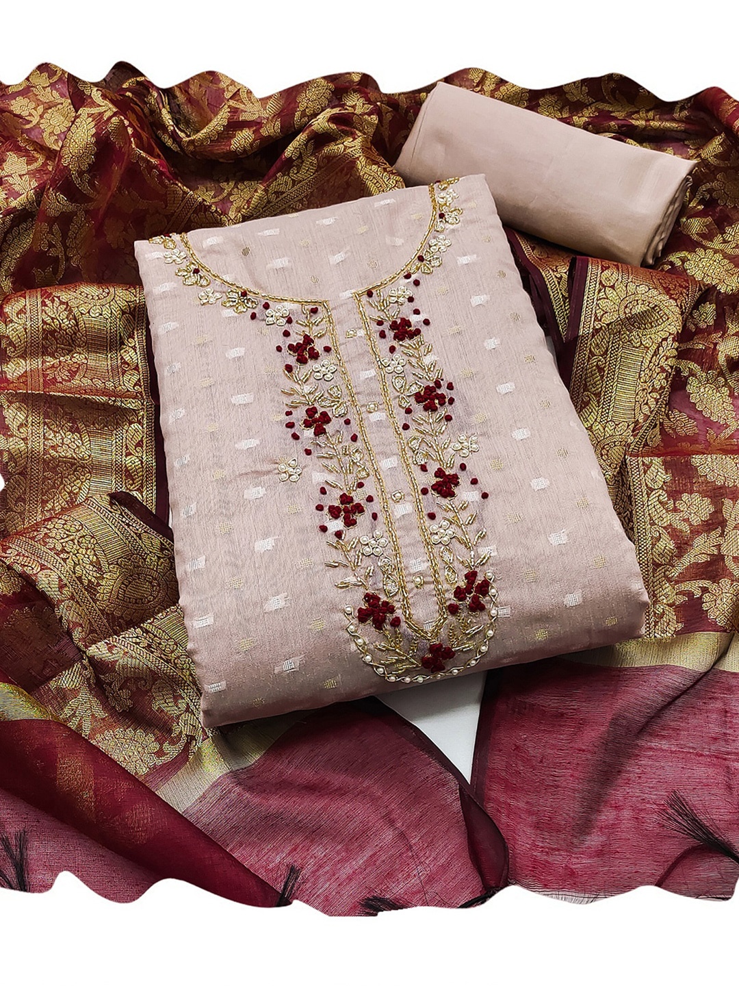 

KALINI Floral Embroidered Unstitched Dress Material, Pink