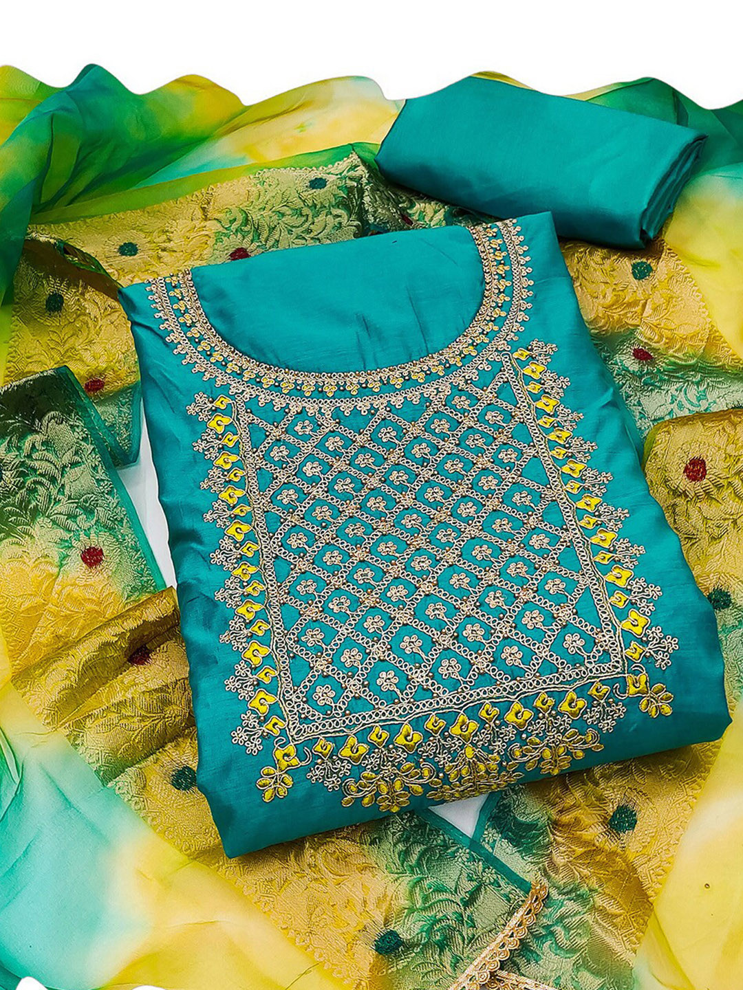 

KALINI Floral Embroidered Unstitched Dress Material, Green