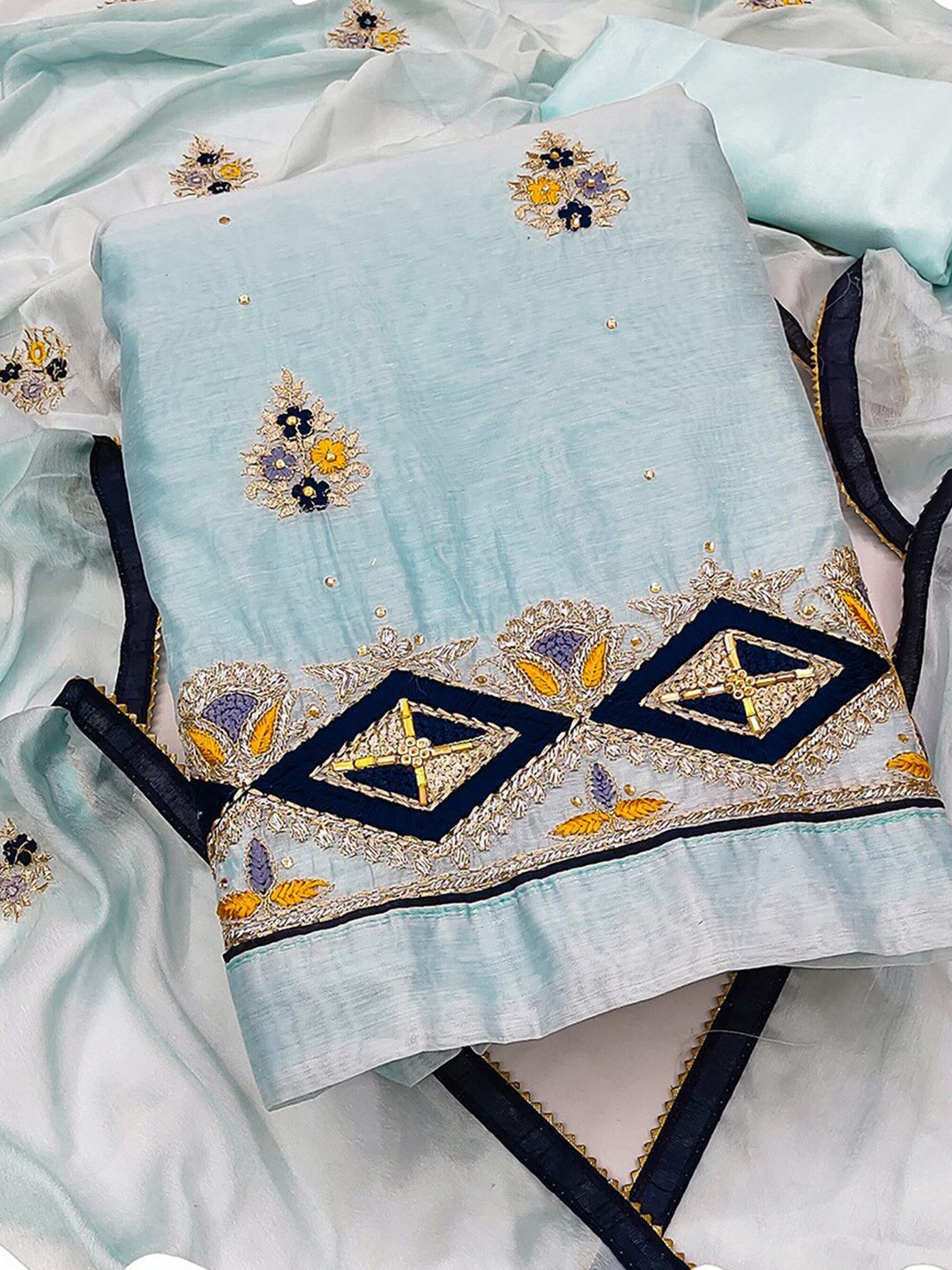 

KALINI Floral Embellished Unstitched Dress Material, Turquoise blue