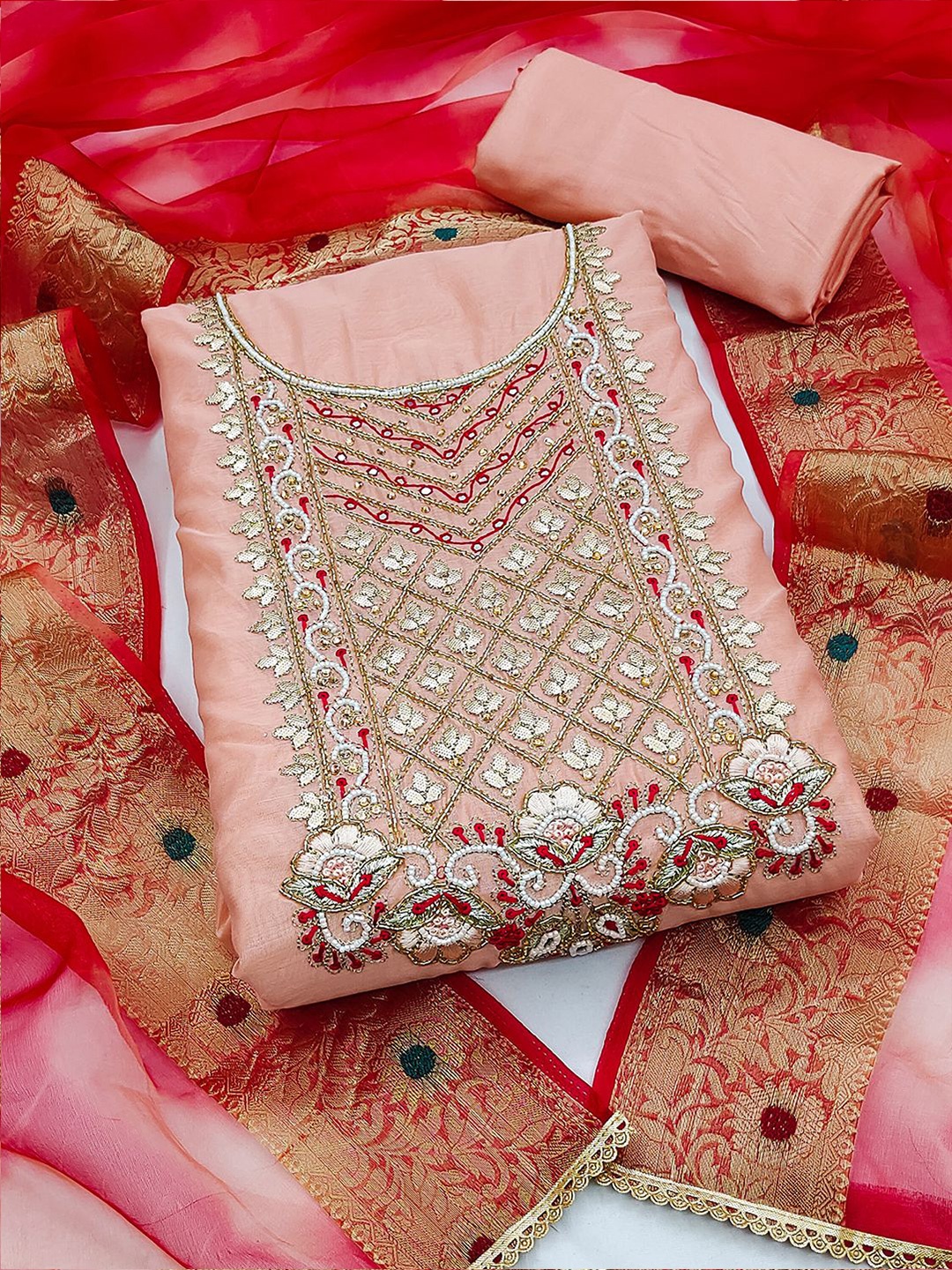 

KALINI Floral Embroidered Unstitched Dress Material, Orange