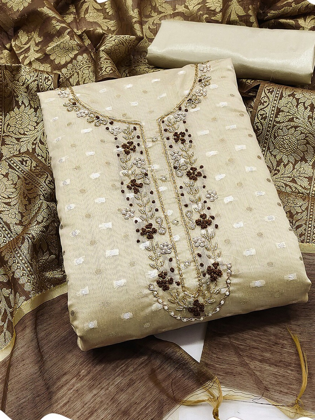 

KALINI Woven Design Unstitched Dress Material, Cream
