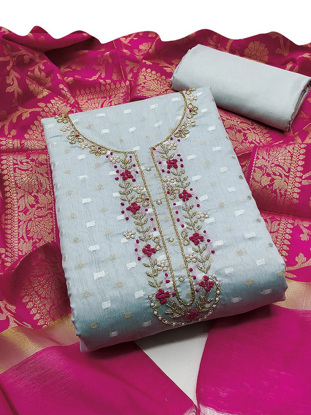 

KALINI Woven Design Unstitched Beads and Stones Dress Material, Turquoise blue