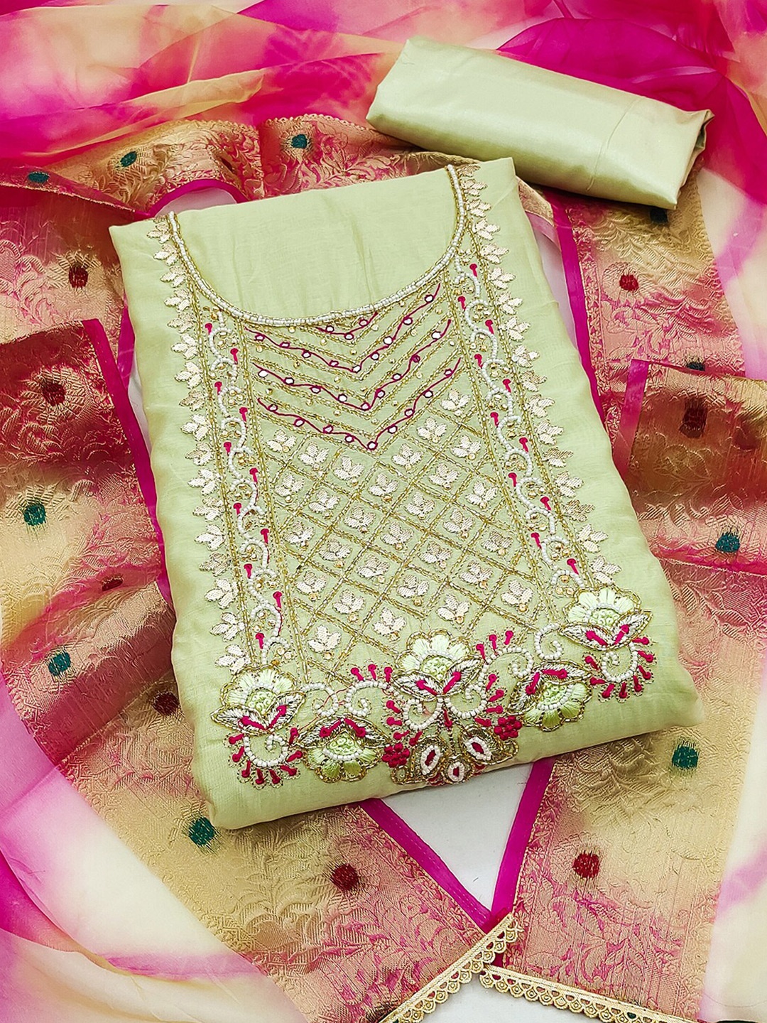 

KALINI Embroidered Unstitched Dress Material, Green