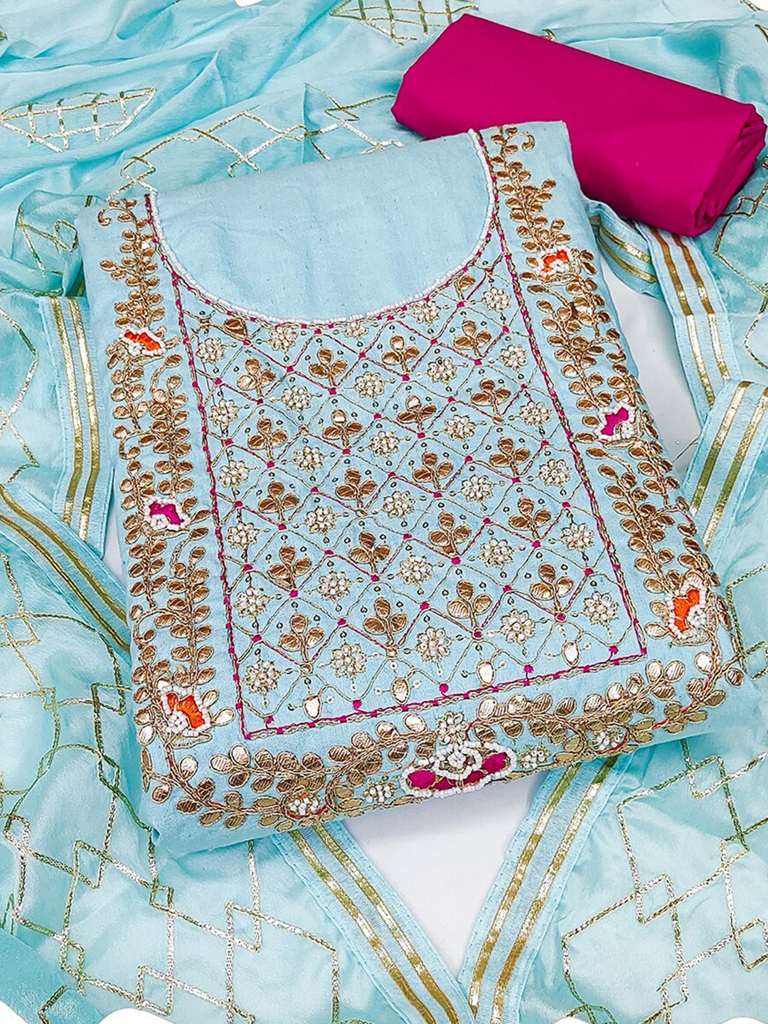 

KALINI Embroidered Unstitched Dress Material, Turquoise blue