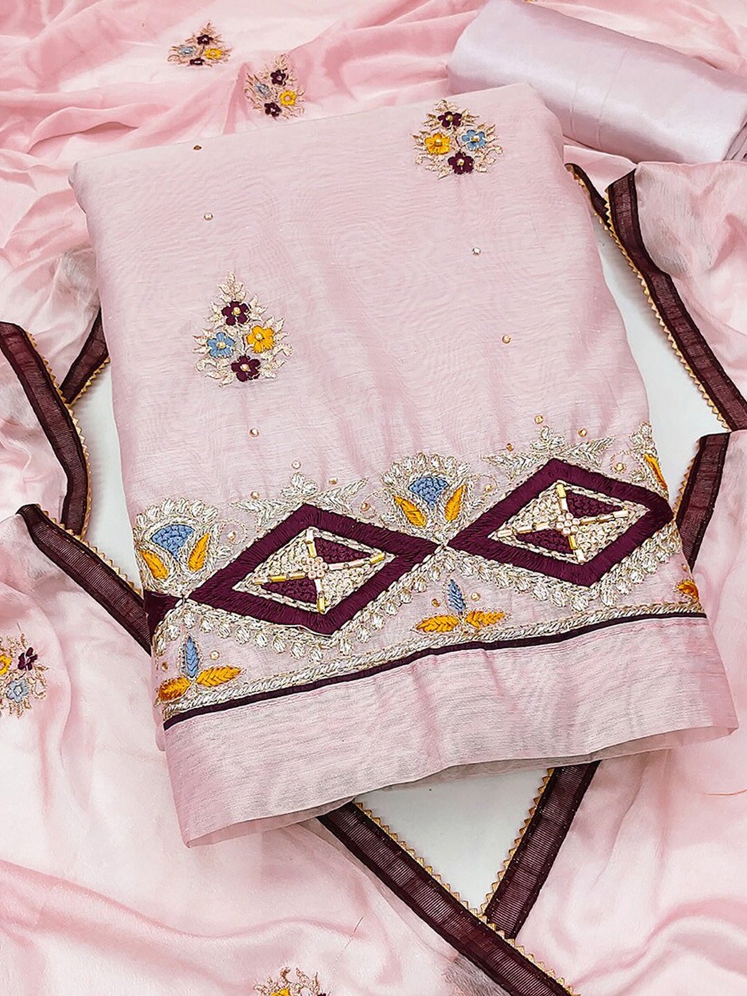 

KALINI Embellished Unstitched Dress Material, Pink