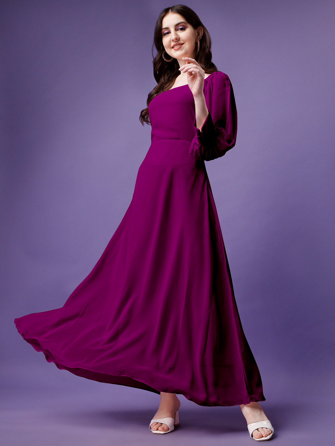 

Femvy Square Neck Cuffed Sleeves Georgette Maxi Dress, Magenta