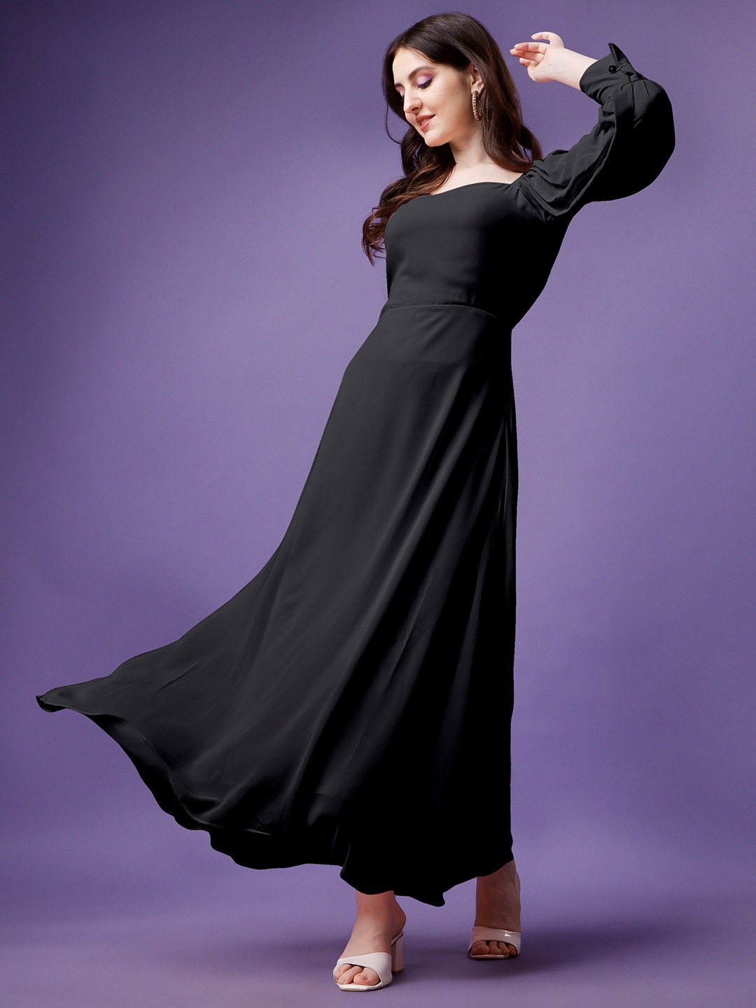 

Femvy Cuffed Sleeves Maxi Dress, Black
