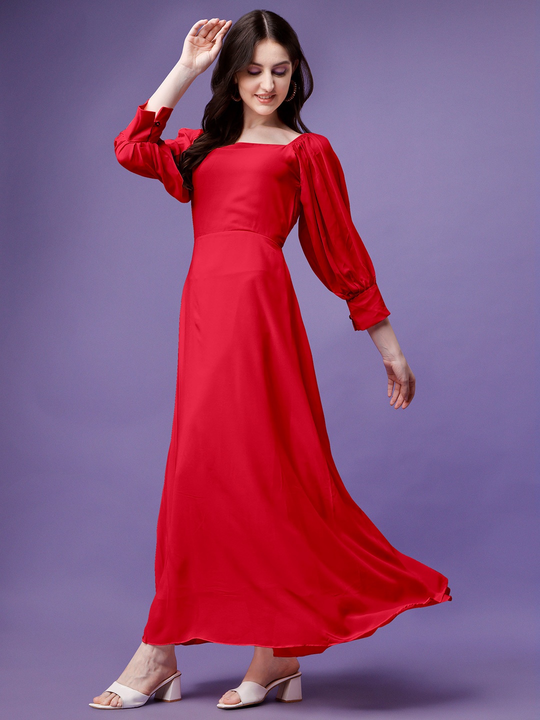 

Femvy Square Neck Puff Sleeves Maxi Dress, Red
