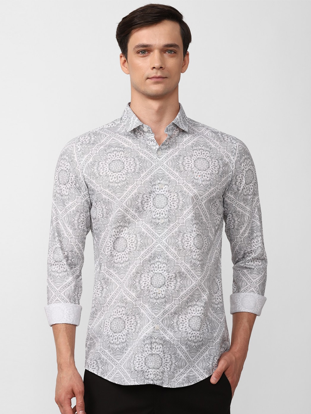 

SIMON CARTER LONDON Slim Fit Opaque Ethnic Motifs Printed Pure Cotton Casual Shirt, Grey