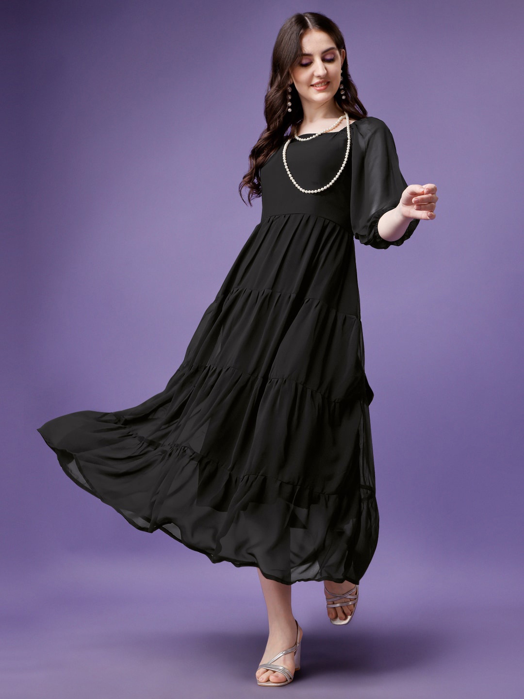 

Femvy Puffed Sleeves Fit & Flare Midi Dress, Black