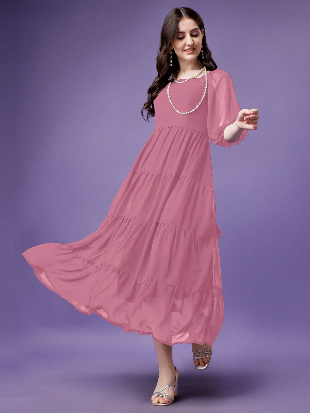 

Femvy Puffed Sleeves Fit & Flare Midi Dress, Peach