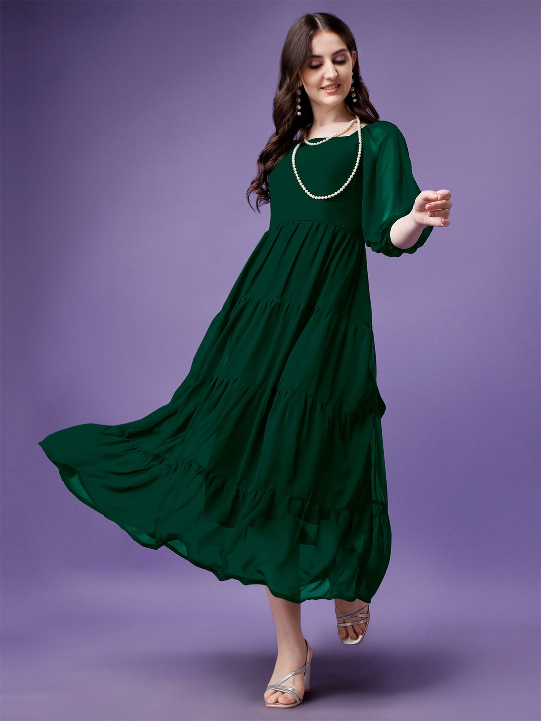 

Femvy Puffed Sleeves Fit & Flare Midi Dress, Green