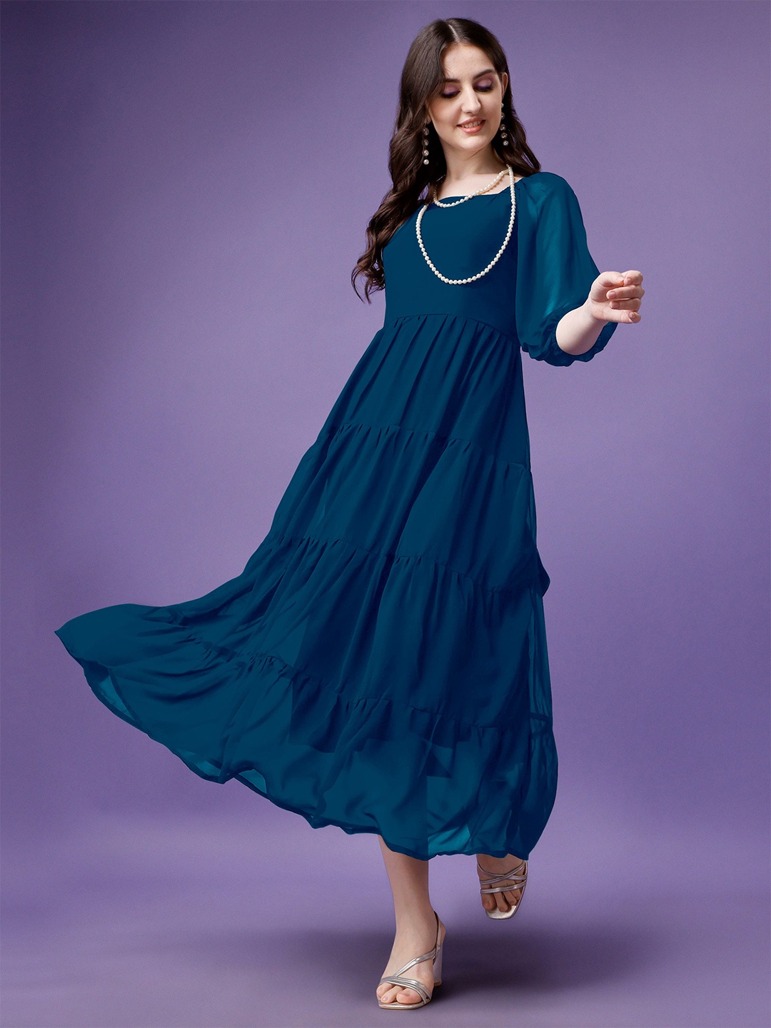 

Femvy Blue Puffed Sleeves Fit & Flare Midi Dress