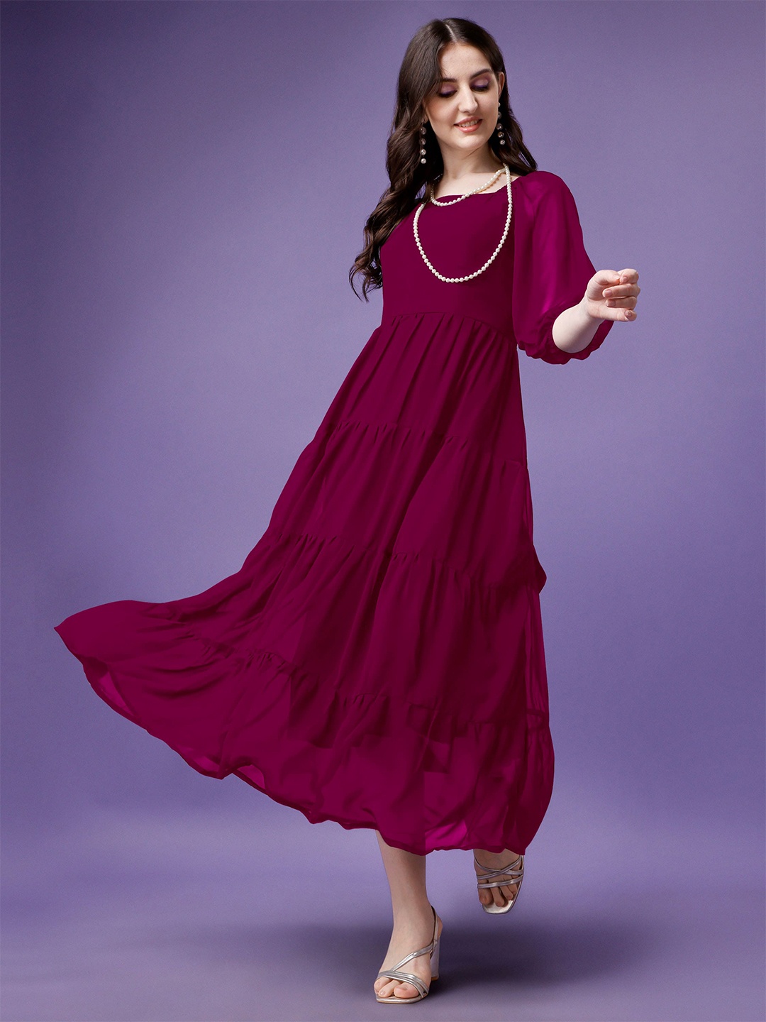 

Femvy Puffed Sleeves Fit & Flare Midi Dress, Magenta