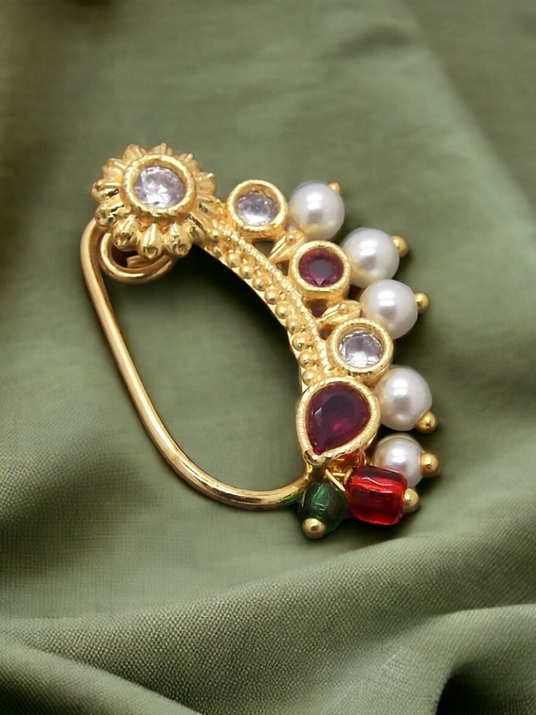 

FEMMIBELLA Gold-Plated Stone-Studded & Beaded Nosepin