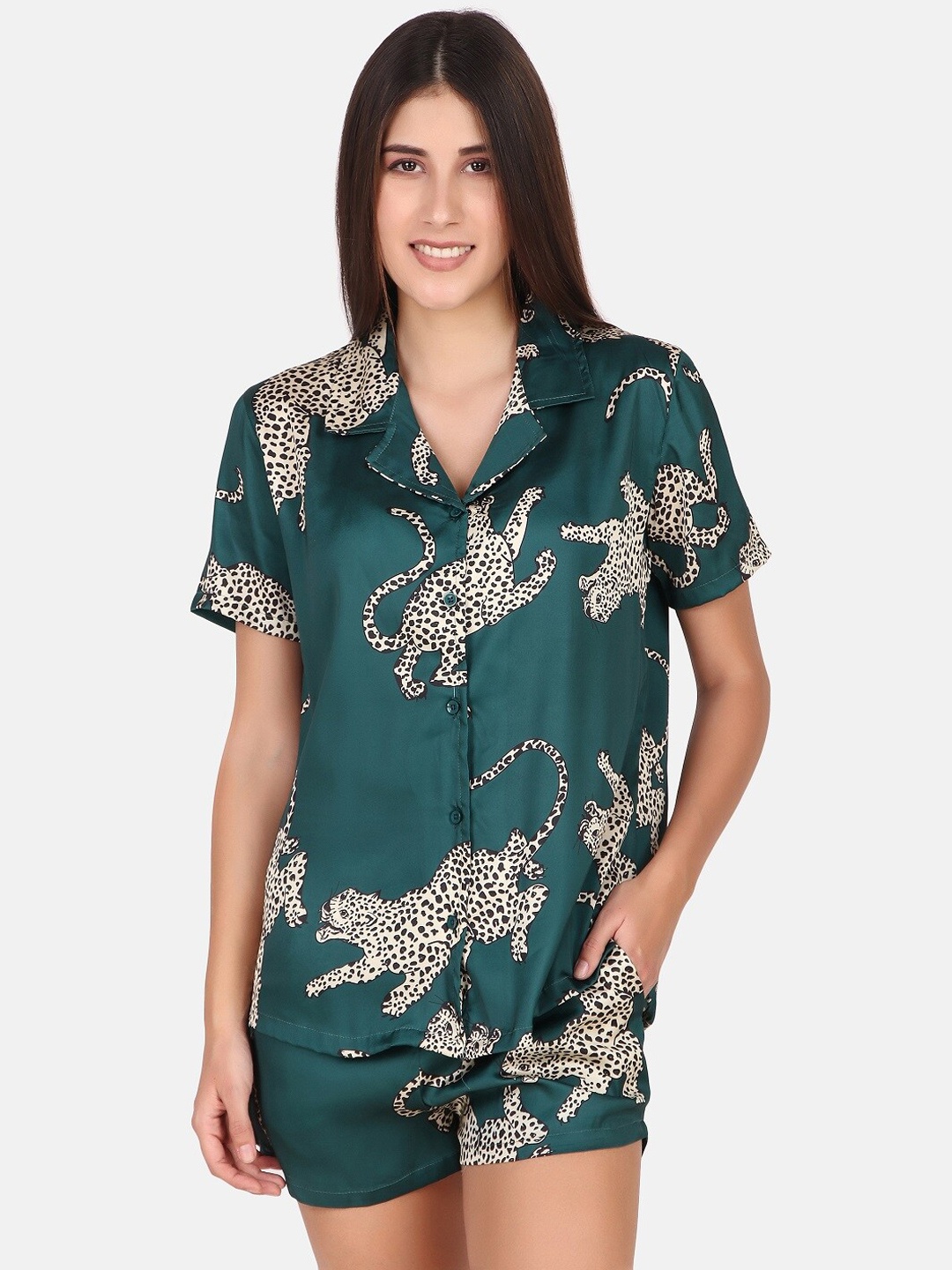

Masha Green & Cream Graphic Printed Satin Night suit