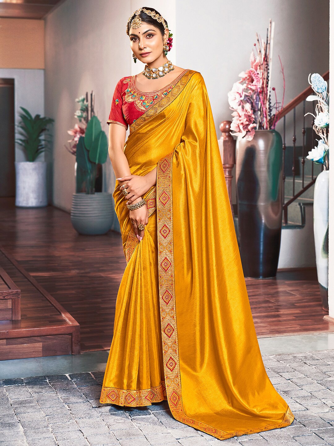 

Saree mall Embroidered Border Silk Blend Sarees, Mustard