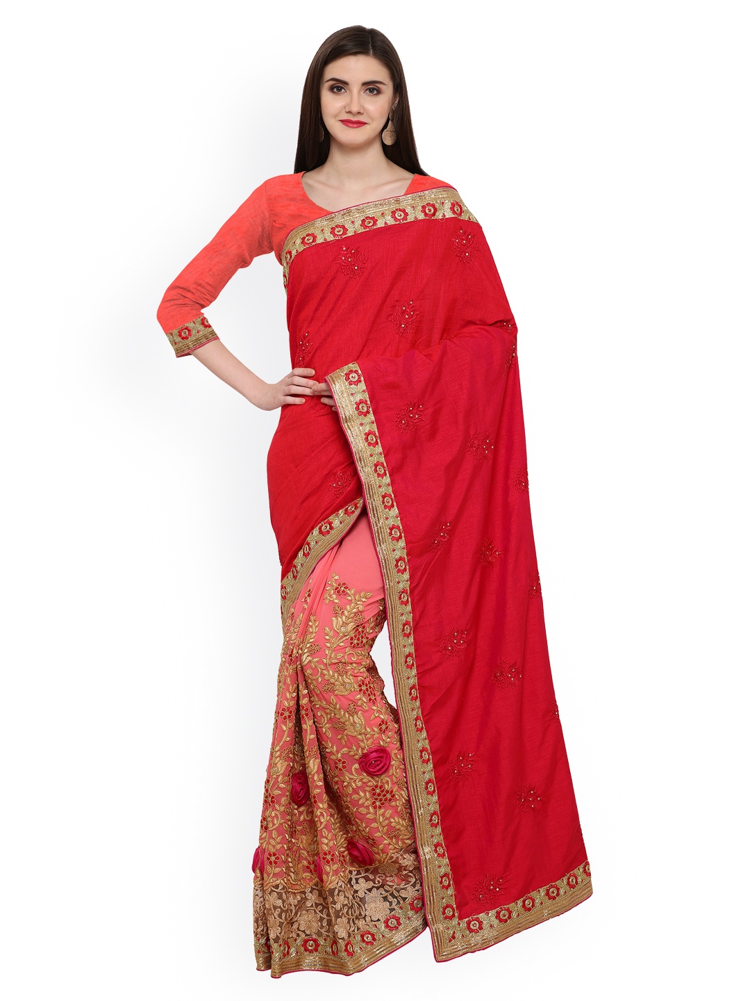

Kalista Red & Coral Poly Georgette Embroidered Saree