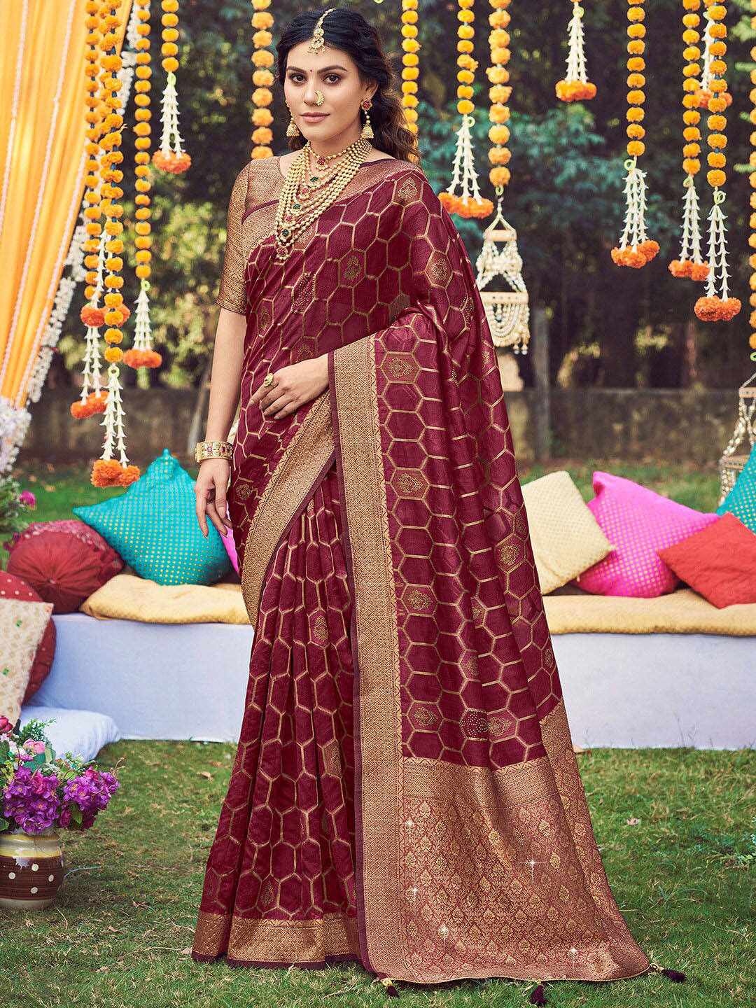 

Saree mall Geometric Woven Design Zari Organza Banarasi Sarees, Magenta