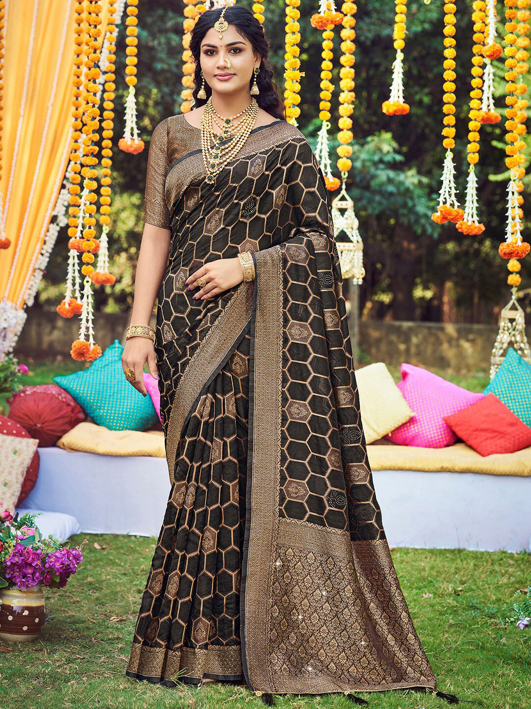 

Saree mall Geometric Woven Design Zari Organza Banarasi Sarees, Black