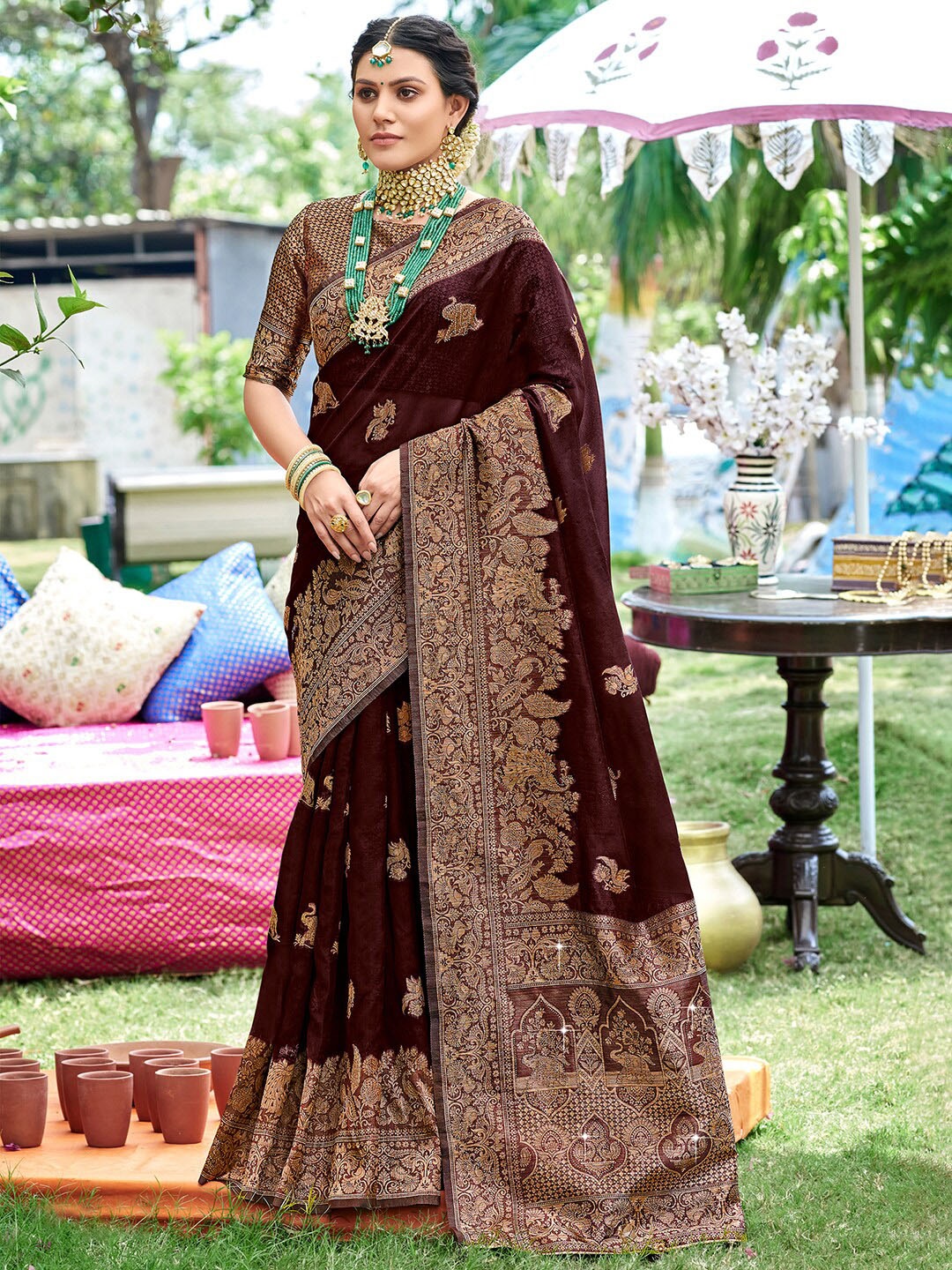 

Saree mall Ethnic Motifs Woven Design Zari Organza Banarasi Saree, Brown