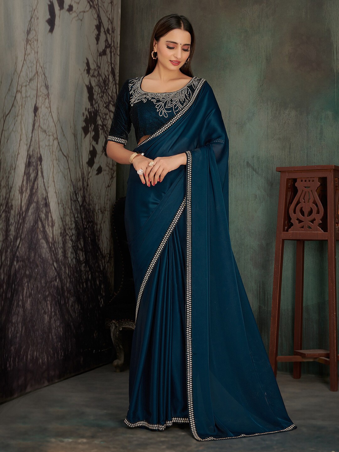 

Saree mall Embellished Border Poly Chiffon Sarees, Teal