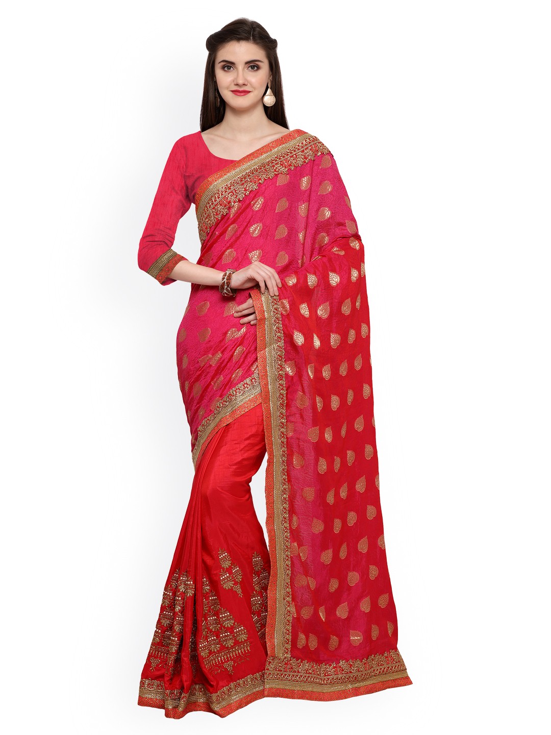 

Kalista Pink & Red Art Silk Embroidered Saree