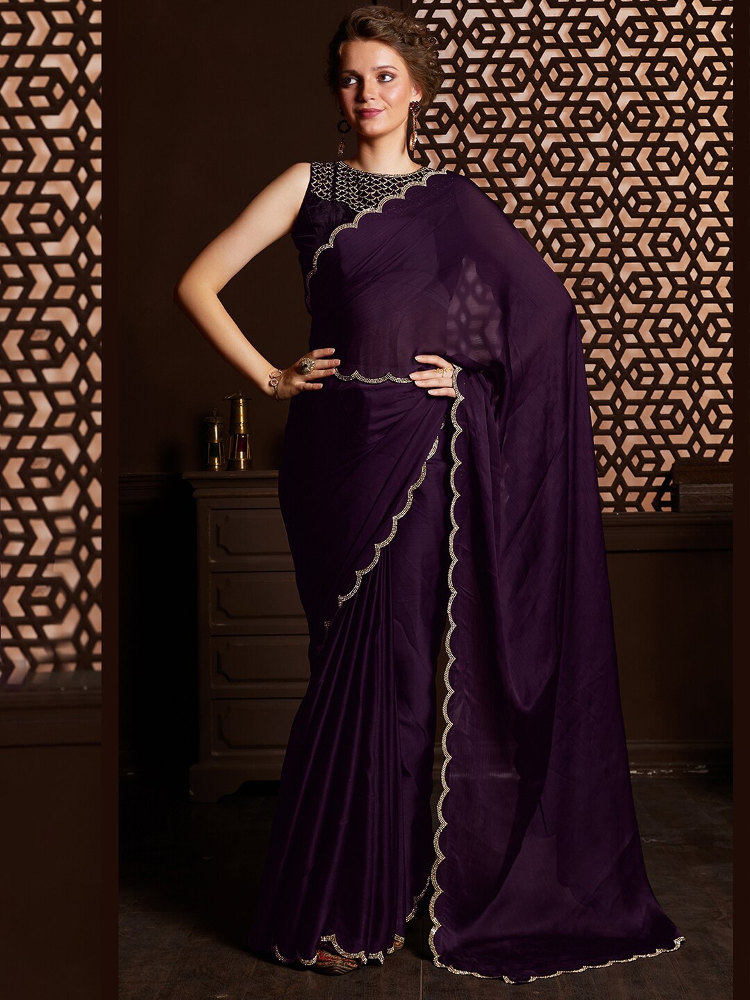 

Saree mall Embellished Border Poly Chiffon Sarees, Purple