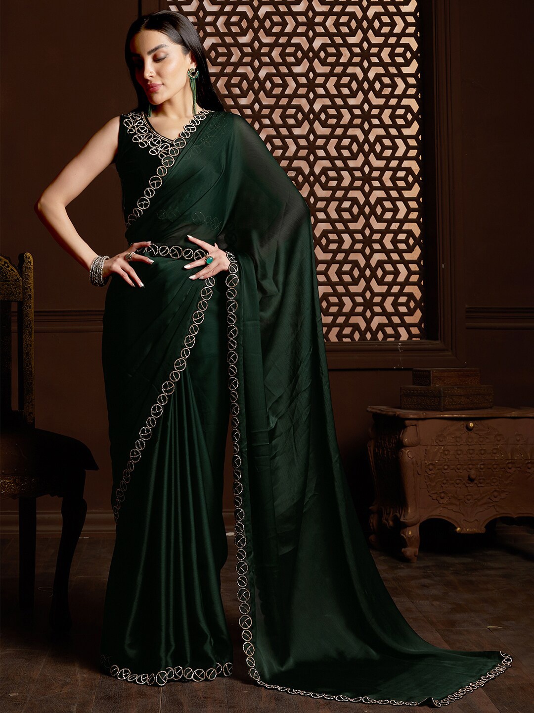 

Saree mall Embellished Border Poly Chiffon Sarees, Green