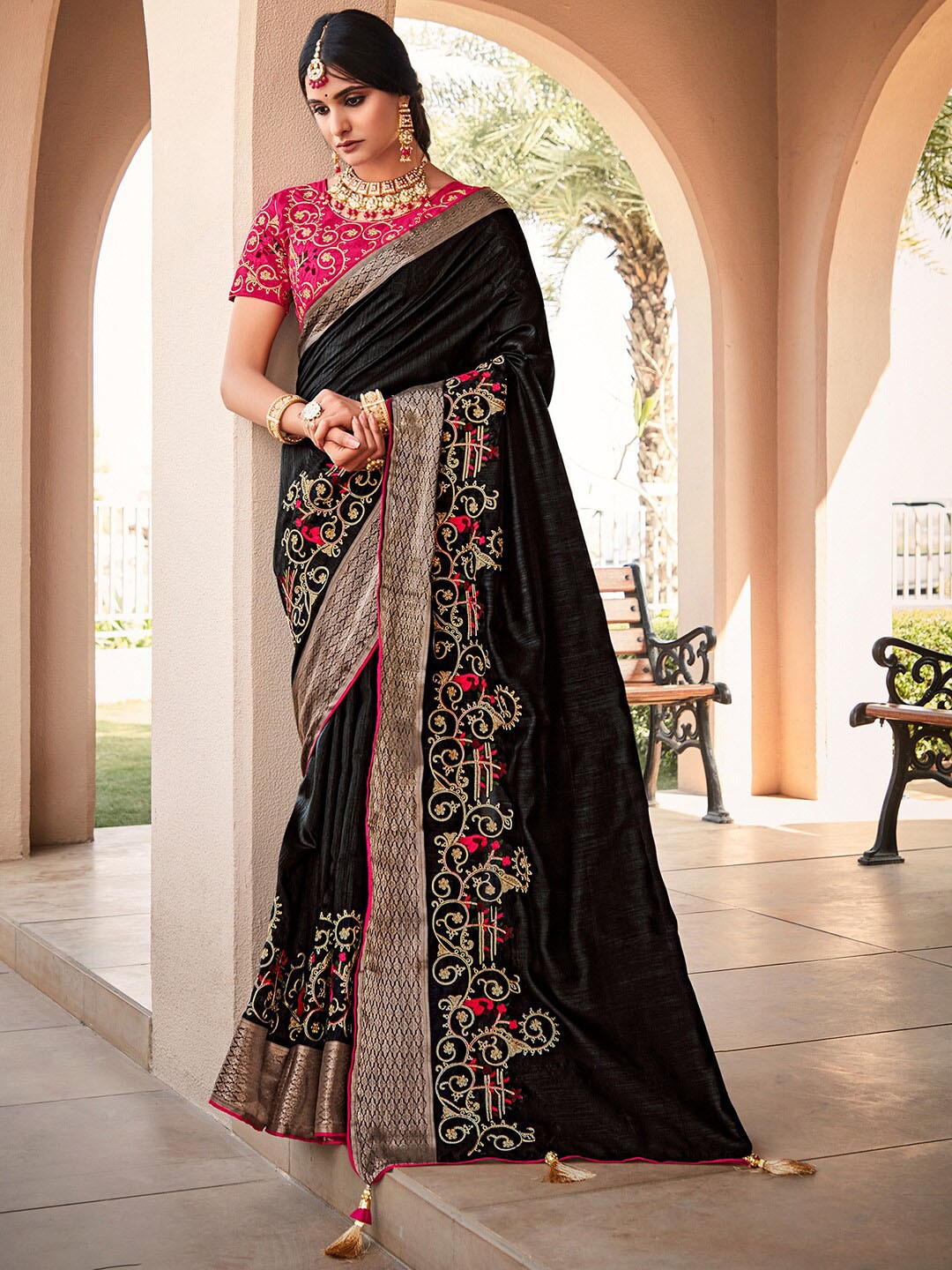 

Saree mall Ethnic Motifs Embroidered Zari Sarees, Black